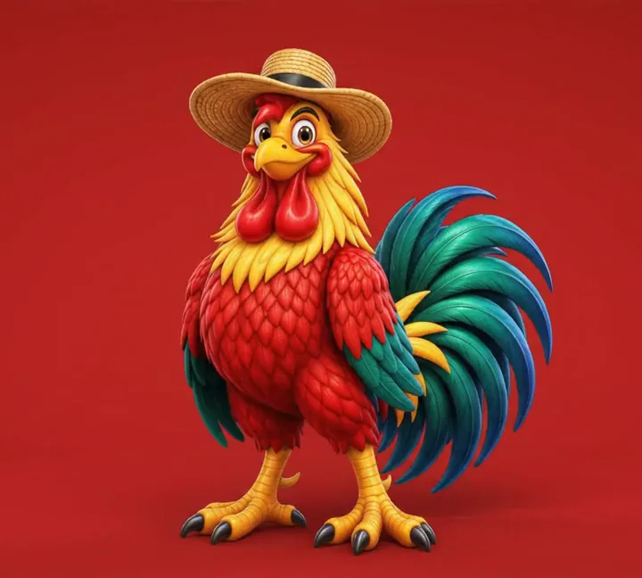 Gallo de Poder Ponceño con sombrero, mascota de campaña