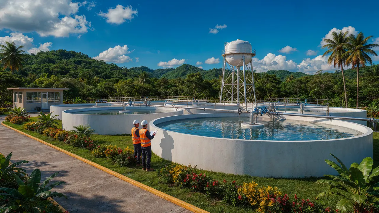 Ilustración referencial de una planta de tratamiento de agua potable con tanques de sedimentación y filtración