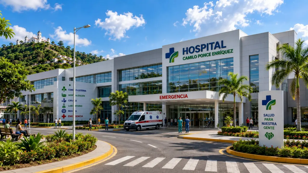 Ilustración referencial de un hospital cantonal con áreas de emergencia, consulta externa y hospitalización