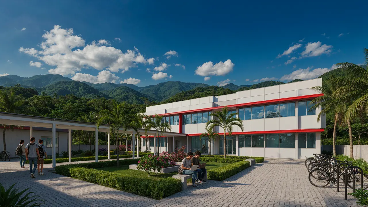 Ilustración referencial de un campus de instituto tecnológico con estudiantes y áreas verdes